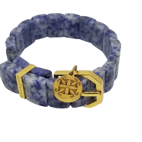 RUSTIC CUFF CHARAY GOLD SODALITE STONE BELT STYLE STRETCH BRACELET WITH BOX NWOT - Picture 4 of 8